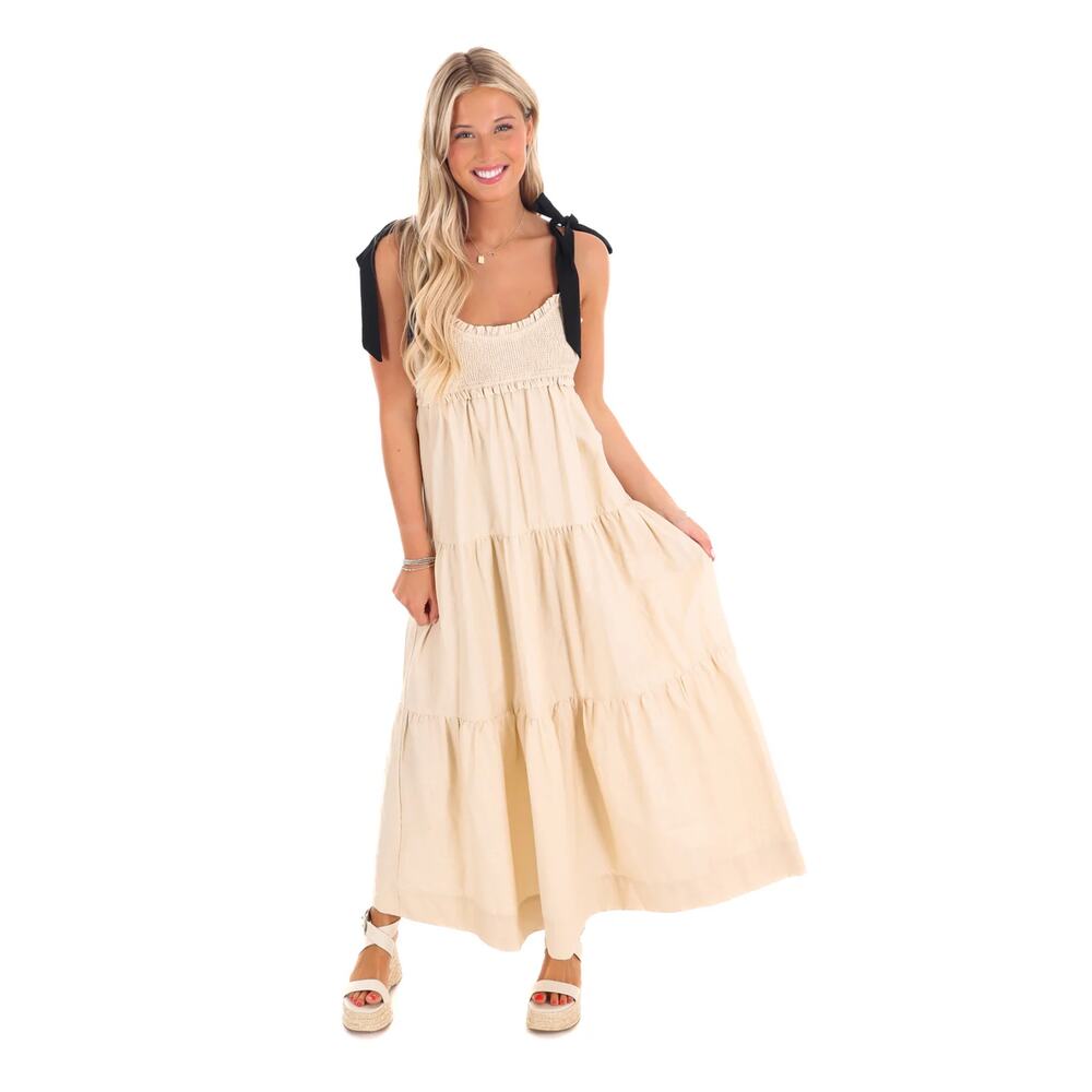 Lalavon Tiered Cottage Maxi Dress Tie Shoulder Womens Size Small Cream Black New